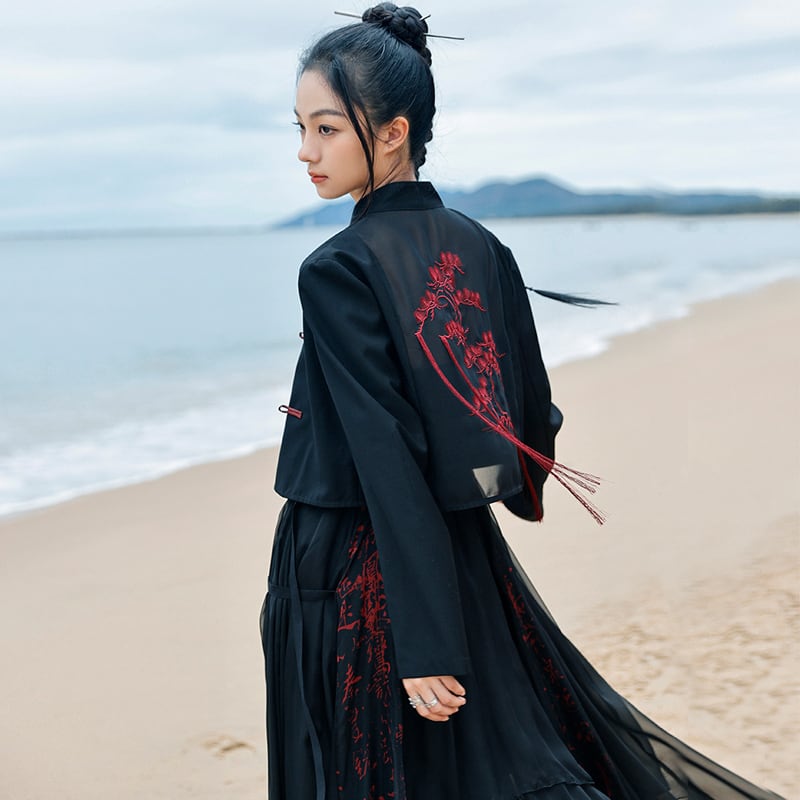 [Daiseiryusu Series] ★China style outerwear★ Tops embroidery black black unique color scheme slimming original