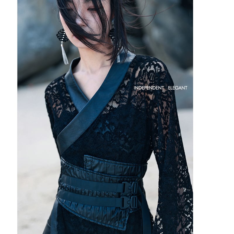 [Big Blue Dragon Series] ★Chinese style dress★ Lace openwork sexy switching black black