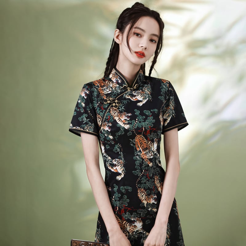 [YUEQIAO Series]★Cheongsam dress★Short length velvet Chinese style dress print retro