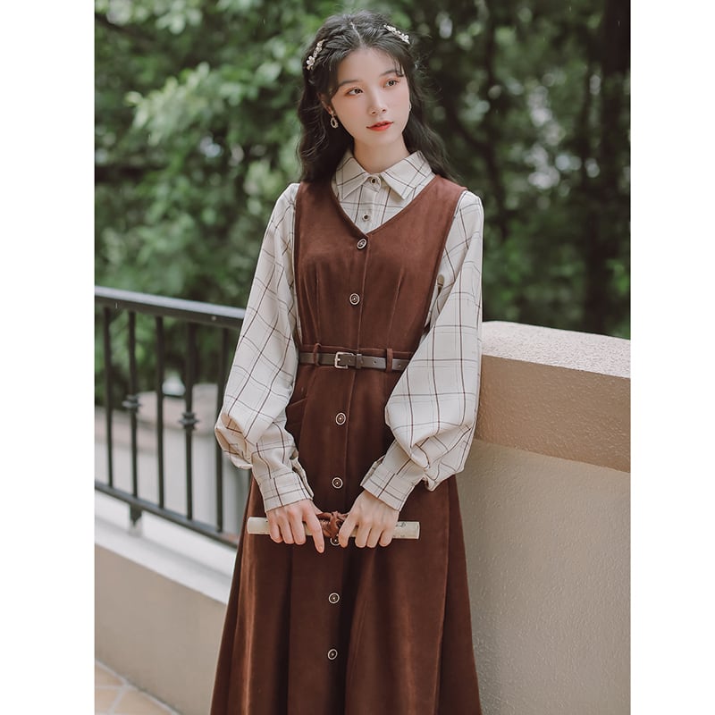 [XIAOSIJI Series]★Setup★ 3color 3-piece set Tops + Dress + Belt Check pattern Literary style