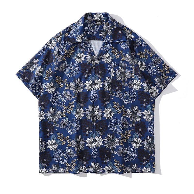 [TRAVEL ISSUANCE Series] ★Floral pattern shirt★ Unisex, men's, unique, loose, easy to match, dark blue, blue