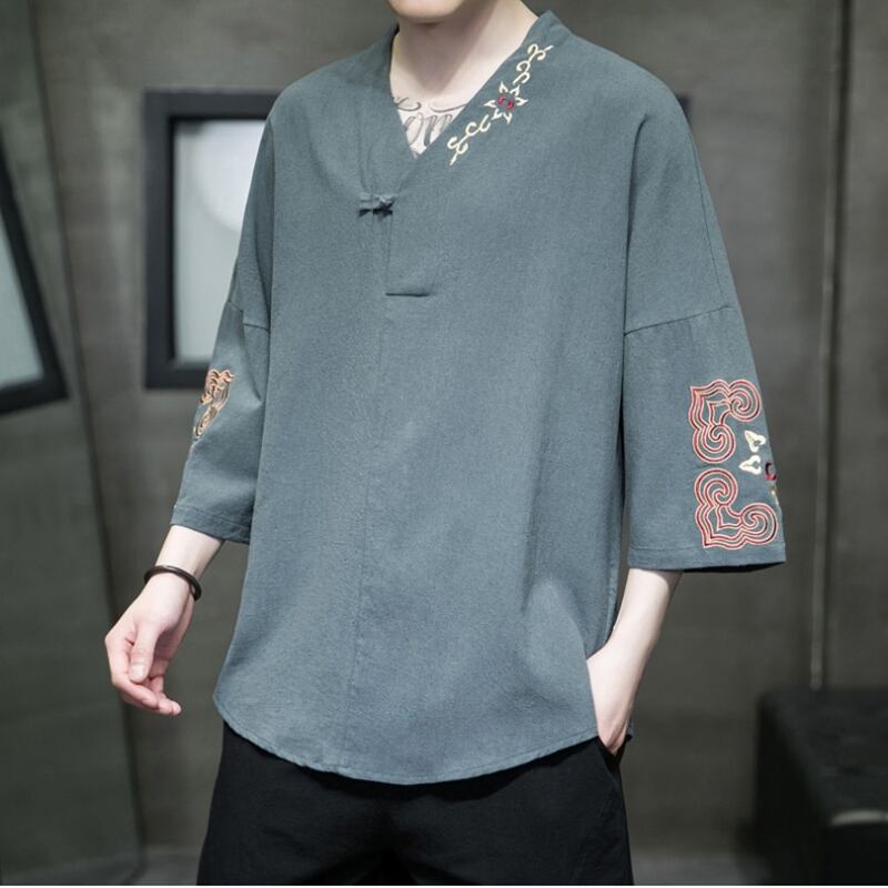 [JUNYI Series]★China style T-shirt★ Tops 3color Unisex Men's Large size Embroidery V neck