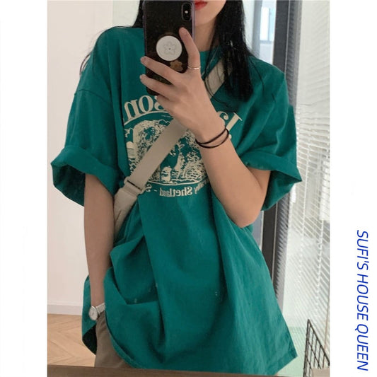 【Queenシリーズ】★Tシャツ★ トップス 6color 白or緑or黒orピンクor紫orオレンジ 合わせやすい アルファベット