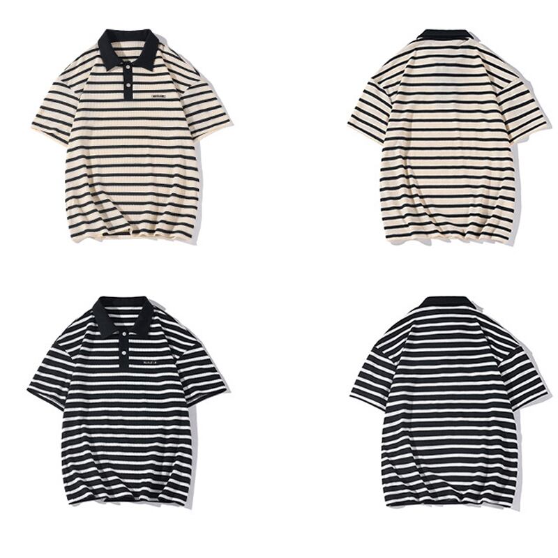 [BIGEMAN Series]★Polo shirt★ Tops 2color Unisex Men's Large size Striped pattern Horizontal stripes