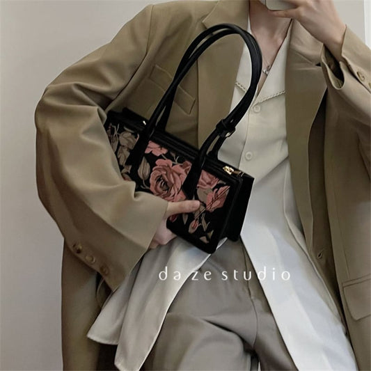 [DAZE &amp; ERPANG series] ★Bag★ Oil painting style floral pattern cute date commuting OL office rectangle improves temperament