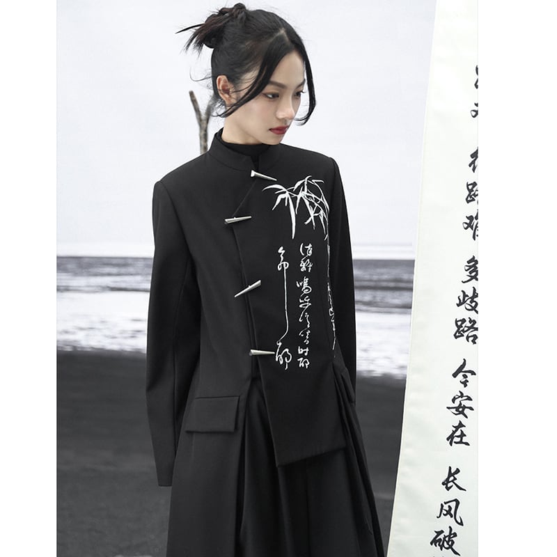 [Big Blue Dragon Series] ★China style outerwear★ Long length Kanji pattern embroidery irregular bamboo black black original