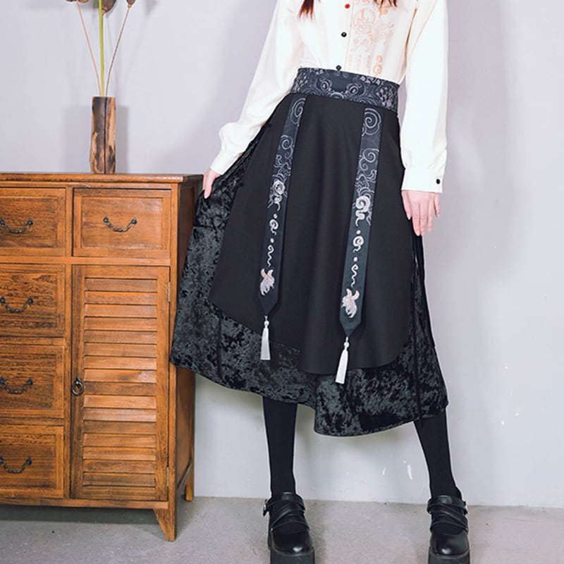 [Ancient monster house---Shanhai-kei series] ★China style skirt★ Velvet with belt Thick Black Black S M L XL