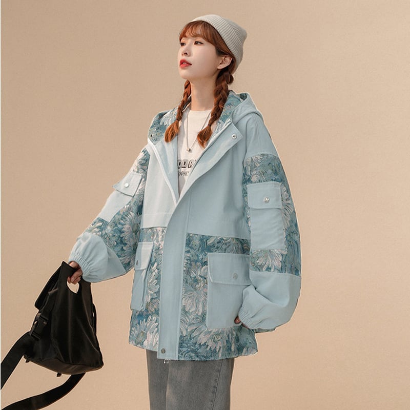 [Fujiiman Series]★Jacket★ Outerwear 2color Floral Pattern Switching Unisex Unique Large Size Beige Blue