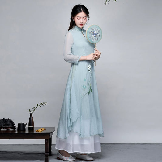 Ao dai 2-piece set, Chinese style dress, Ao dai dress, Chinese style clothes, Chinese clothes, improved Tang clothes, improved Han clothes, stand neck, 3/4 sleeves, long length, gaucho pants, large size, ML XL, 2XL, everyday wear