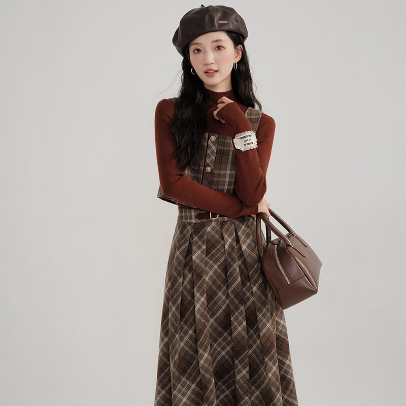 [Kiyi series]★Setup★Checked pattern vest + checked pattern skirt Retro cute Daterasha