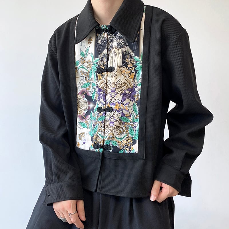 [Kai Chao Fubon Series]★China Style Shirt★ Tops Print China Button Unisex Chinese Clothes Black Black