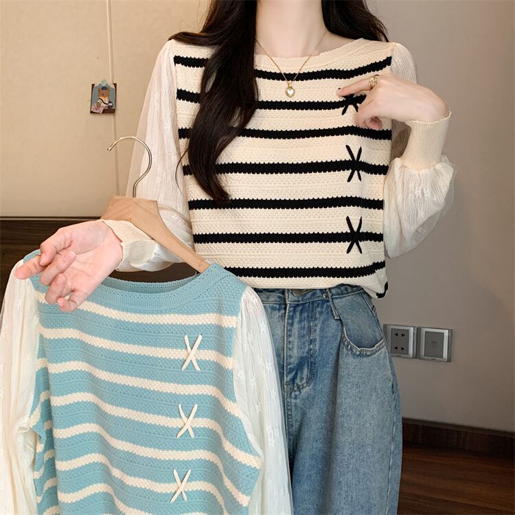 [SHENLANG Series] ★Tops★ 2color Long sleeve Vertical stripes Striped pattern Large size Blue Black Improves temperament