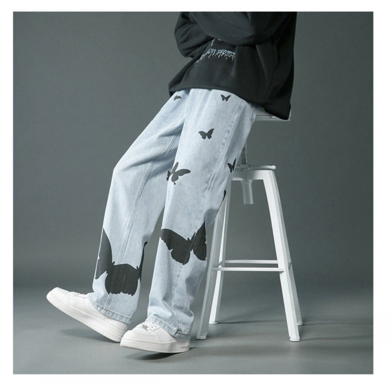 [Snow Qiongsi Series]★Denim Pants★ 2color Bottoms Pants Unisex Men's Butterfly Print Unique Black Blue