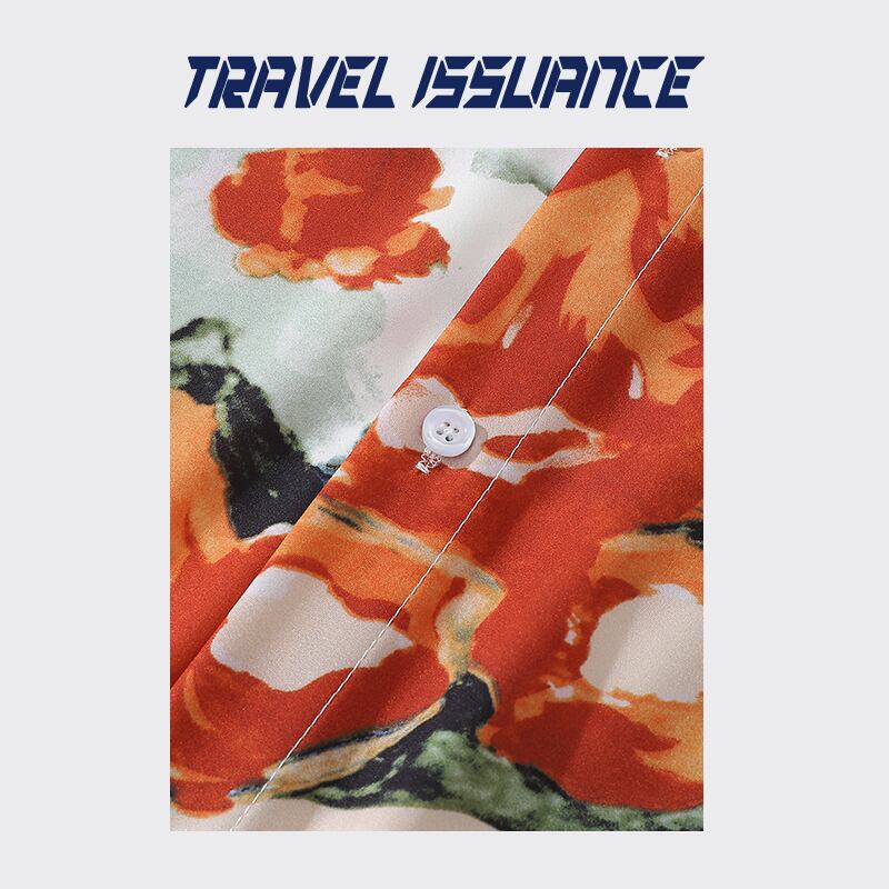 [TRAVEL ISSUANCE Series] ★Retro Shirt★ Oil Painting Style Shirt Floral Pattern Harajuku Style Unisex Men's Orange Casual