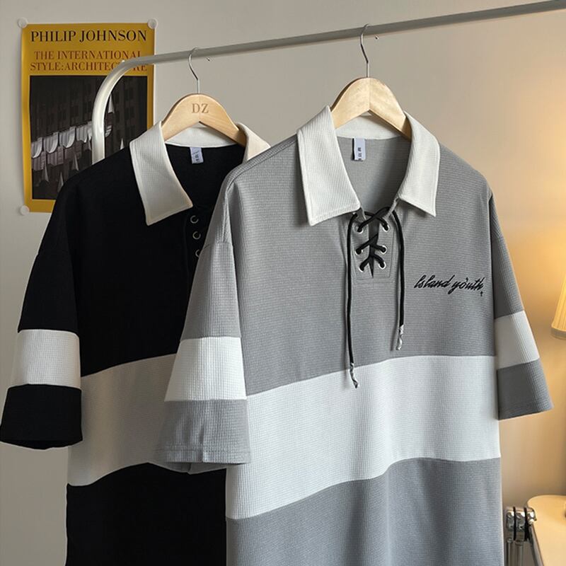 [CHAOMEICHEN Series] ★POLO Shirt★ 2color Tops Unisex Men's Horizontal Striped Striped Pattern Black Gray