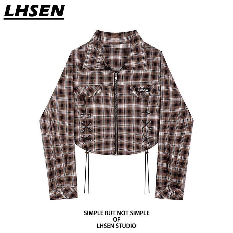 【LHSENシリーズ】★シャツ★ 2color 長袖シャツ ショート丈 チェック柄 おしゃれ レディース S M L