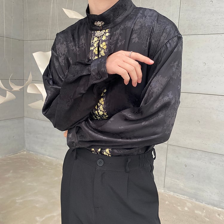 [Illustrated series] ★Chinese style shirt★ 2color improved Tang suit unisex men's black white Chinese clothing