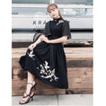 Load image into Gallery viewer, [My Family's Series] ★Chinese-style dress★ Crane embroidery, short sleeves, thong length, A-line, Chinese elements, casual wear, black
