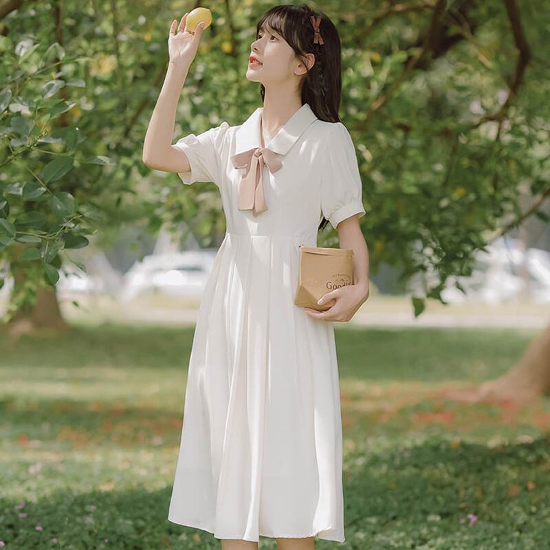 [Han Xuanwei Series] ★One Piece★ 2color Simple Cute Date Ribbon Beige Easy to Match Short Sleeve Dress