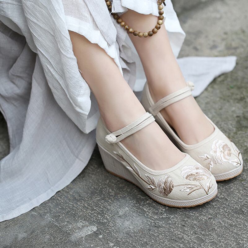 [JINGCHENG series] ★China style shoes★ Shoes 3color embroidery High heels 6.5cm Size 35-40 Tang clothing, cotton linen