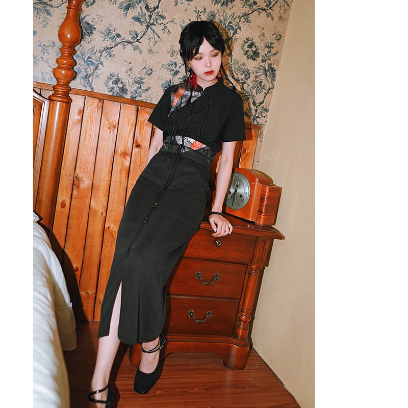 [Kokaisha---Kyouka Suigetsu Series]★China style skirt★Bottoms Black Black Plain Easy to match