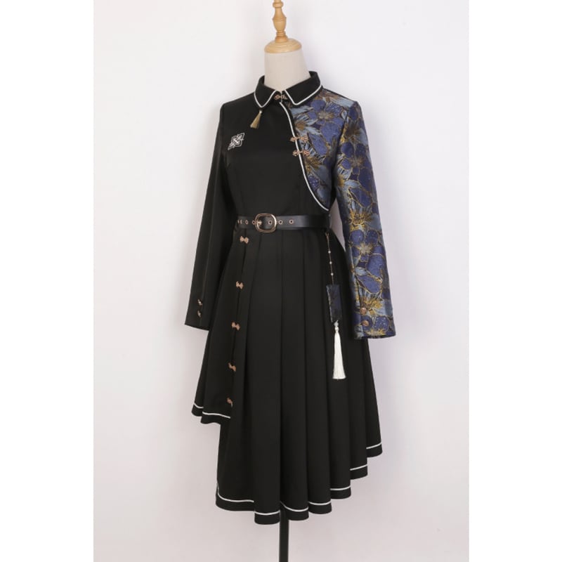 Manager recommended! [Dust Smoke Cloud Dream---Fightless City Series] ★China style dress★ With belt, long sleeves, switching, floral pattern, black, black, irregular, SML