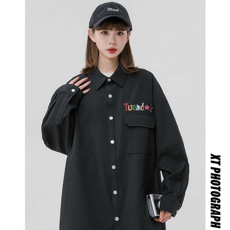 [Fujiiman Series]★Shirt★ 3color long sleeve shirt unisex men's alphabet black coffee color white