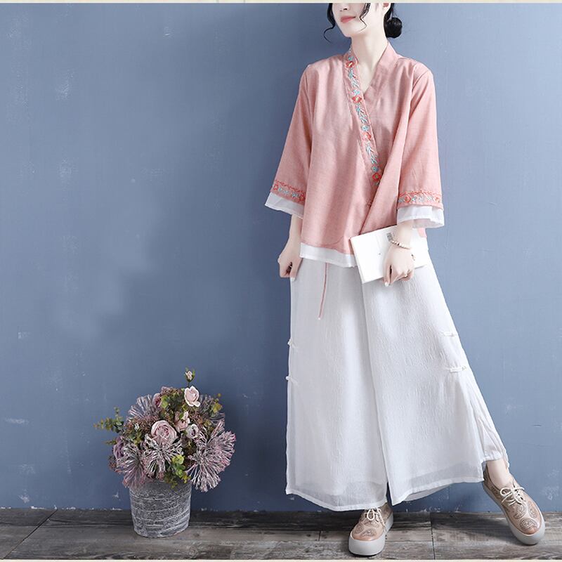 [Qing Series]★China style shirt★ Tops 5 colors White Pink Blue Purple Blue Green V-neck Embroidery Three-quarter sleeves