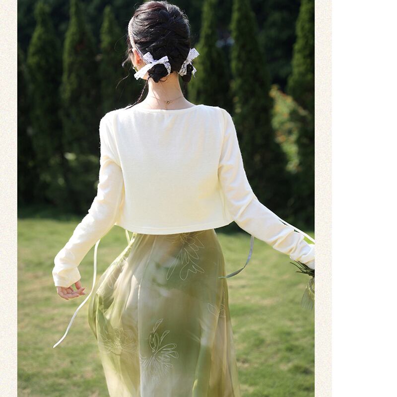 [Az Suna Series]★Setup★ Thin outerwear + hanging dress, Republic style, Green, Improves temperament, Wedding