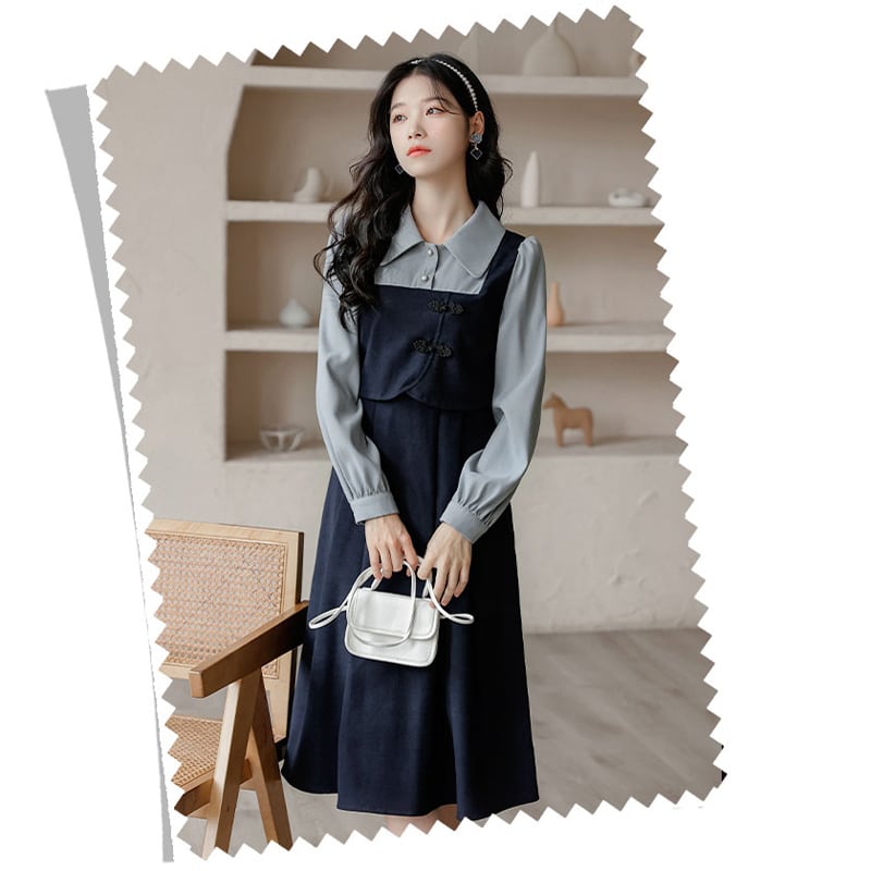 [Big orange series]★China style dress★ 3color fake layered beige blue red SML XL