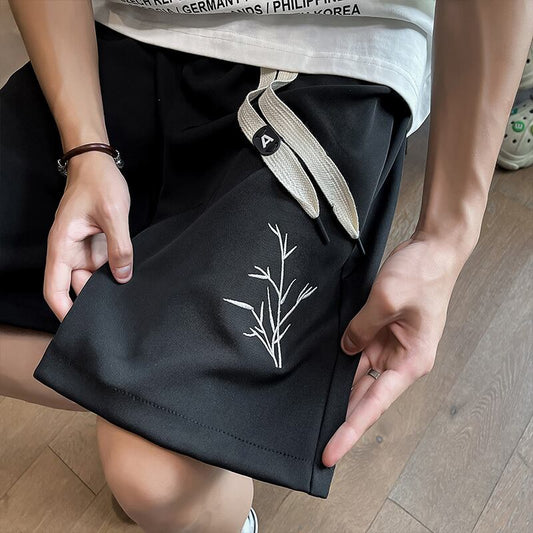 [Leonbinno Series] ★China Style Shorts★ 2color Embroidery Bamboo Casual Shorts Unisex Men's Black Beige