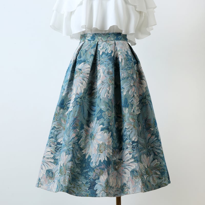 [MOERBEN Series]★Skirt★ Oil painting style bottoms Fashion Blue Cute Floral pattern Retro Large size