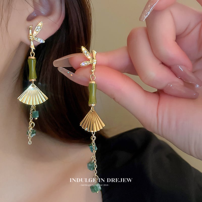 [Drejew Series]★China Style Earrings★ Pair Earrings Ladies Accessories Fan Bamboo Temperament Enhancement Party