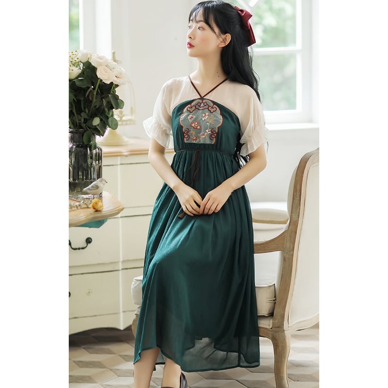 [Shogunsho series]★Hanfu dress★ Embroidery Casual wear Chiffon V-neck Green Green Coming-of-age ceremony SML XL Green Green