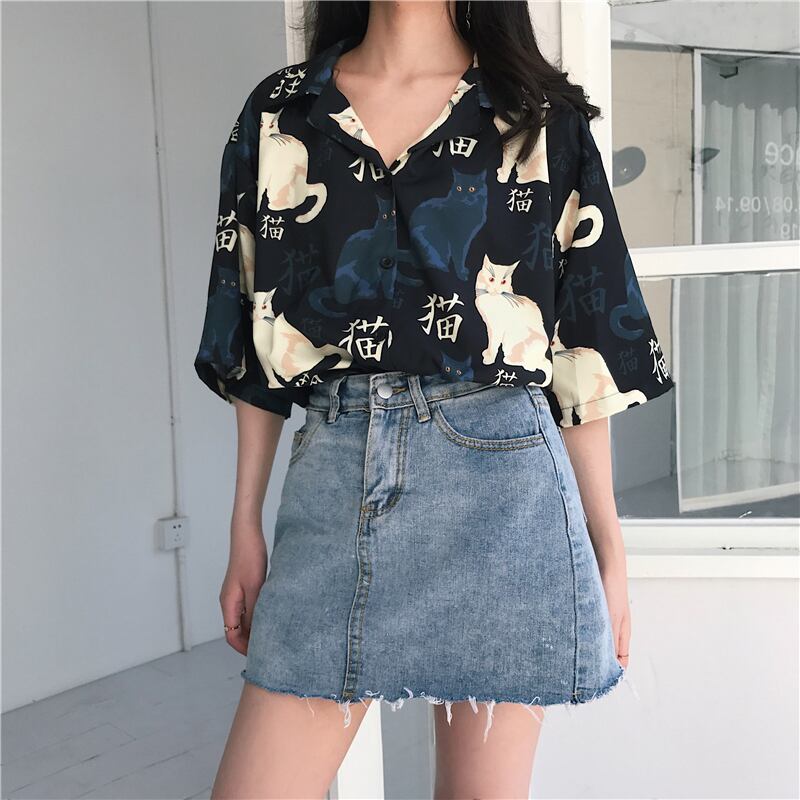 [PUTONG series]★China style shirt★ Tops 2color black white cat pattern loose cute SML XL