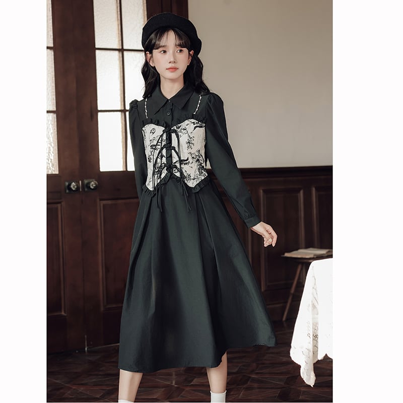 [Shukunsho series] ★China style dress★ 2color fake layered ladies cute retro autumn clothes black coffee color