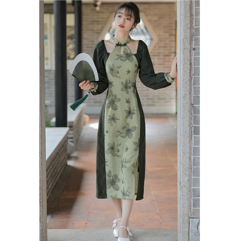 [Tatsuko Chenis Series] ★China style dress★ Improved cheongsam dress Floral pattern Color scheme Slimming Green Green SML