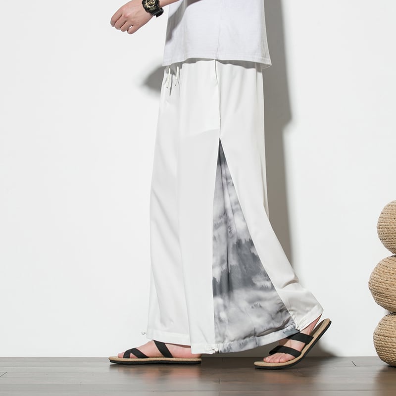 [Grass ink series] ★Chinese style pants★ 2 colors, black or white, men's gaucho pants, gaucho, ink print, loose fit