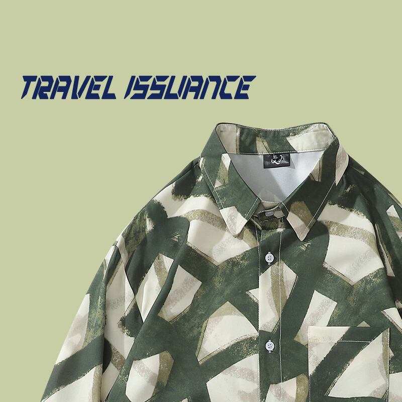 [TRAVEL ISSUANCE Series] ★Retro Shirt★ Oil Painting Style Shirt Print Long Sleeve Shirt Tops Unisex Men's Green Green