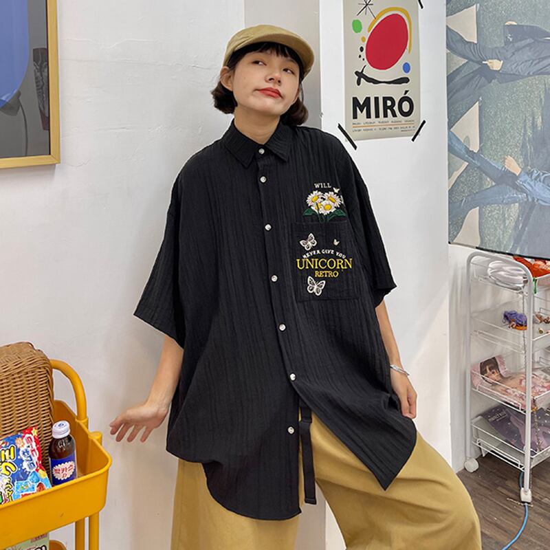 [PMFIVEE Series]★Shirt★ 2color Embroidery Tops Unisex Men's ML XL Retro Unique Brown Black