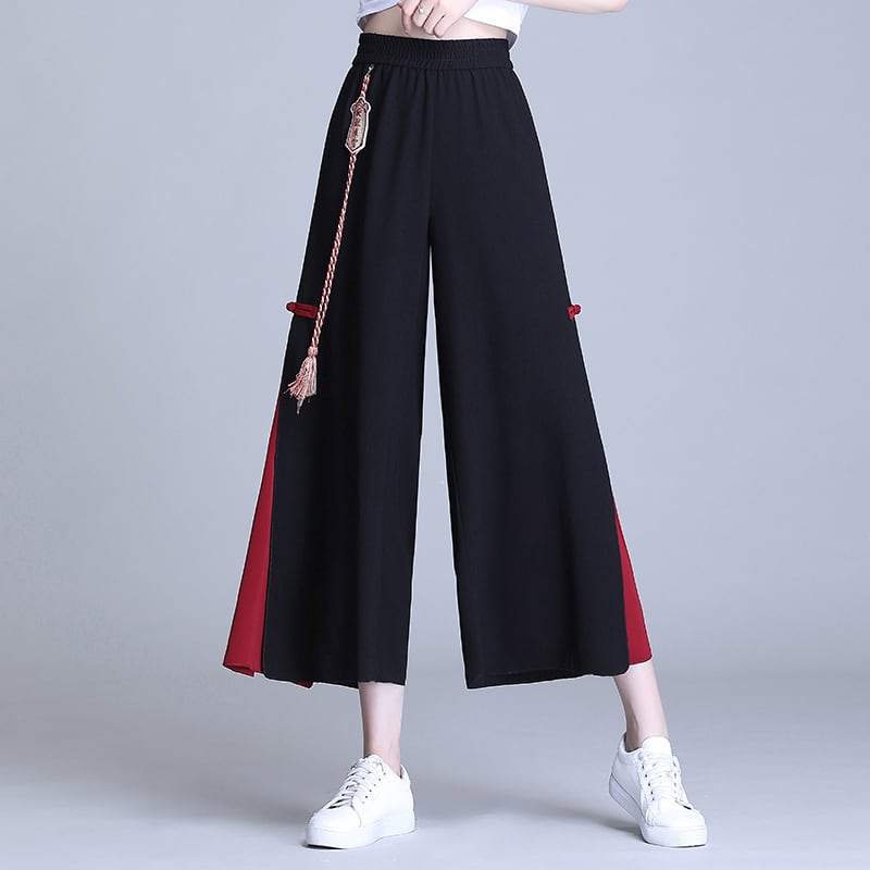 [Seikyū Series] ★Gaucho pants★ Chinese-style pants, Chinese clothing, fringe, chiffon, black