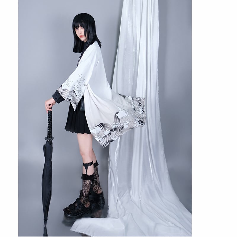 [Kuraho Koya Series]★China style happi coat★2color black or white wave pattern print chiffon improved Hanfu Hanfu coat thin