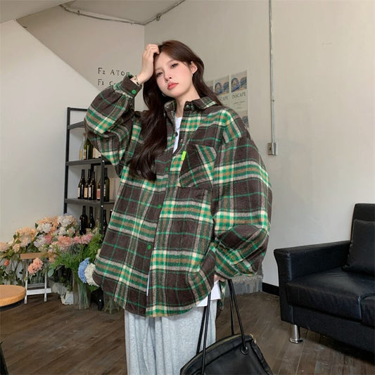 [XIAOXINJIA Series]★Outerwear★ Shirt Jacket Unisex Men's Checkered Pattern Casual Green Green