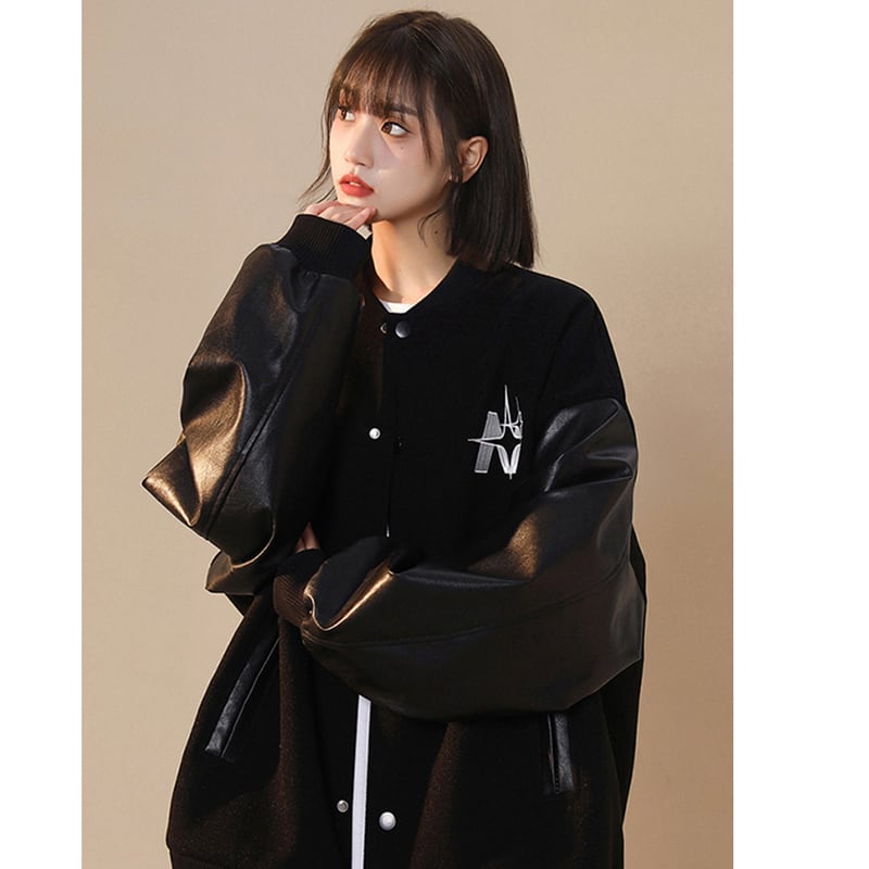 [FKZ Series] ★Jacket★ Stadium jacket unisex men's color scheme black black spring clothes cool ML XL 2XL 3XL