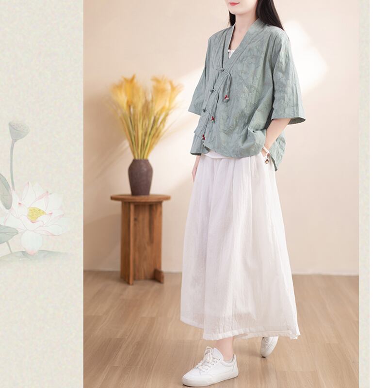 [Qing series] ★China style tops★ Shirt 3color cotton linen V neck literary style blue green beige