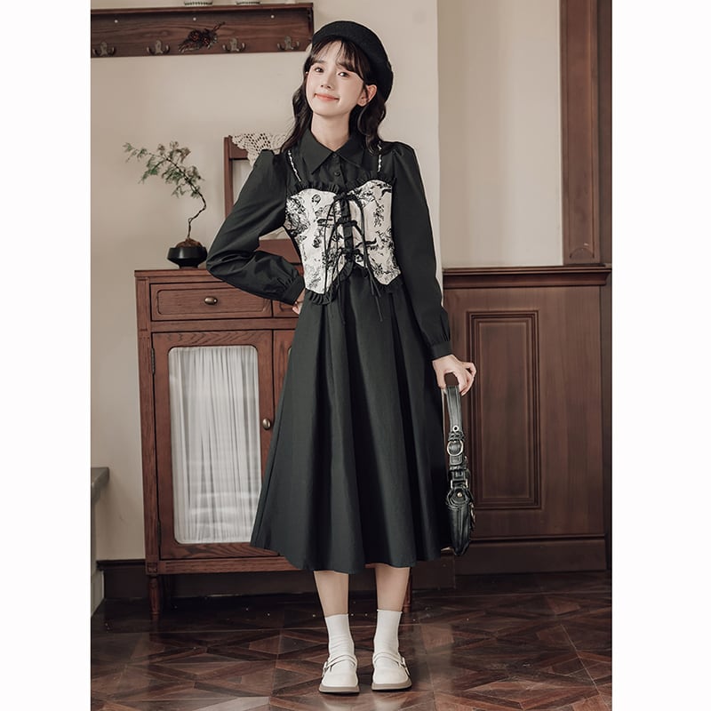 [Shukunsho series] ★China style dress★ 2color fake layered ladies cute retro autumn clothes black coffee color