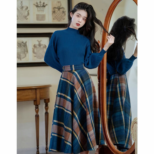 [reasure Island Series]★Setup★ 2-piece set knit tops plaid skirt retro