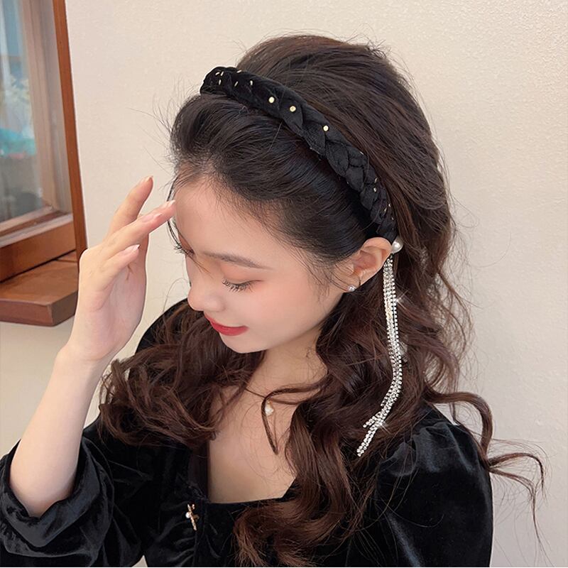 [Rainou Series] ★Headband★ 2color Hair Ornament Accessory Velvet Black Black Asymmetrical Fringe