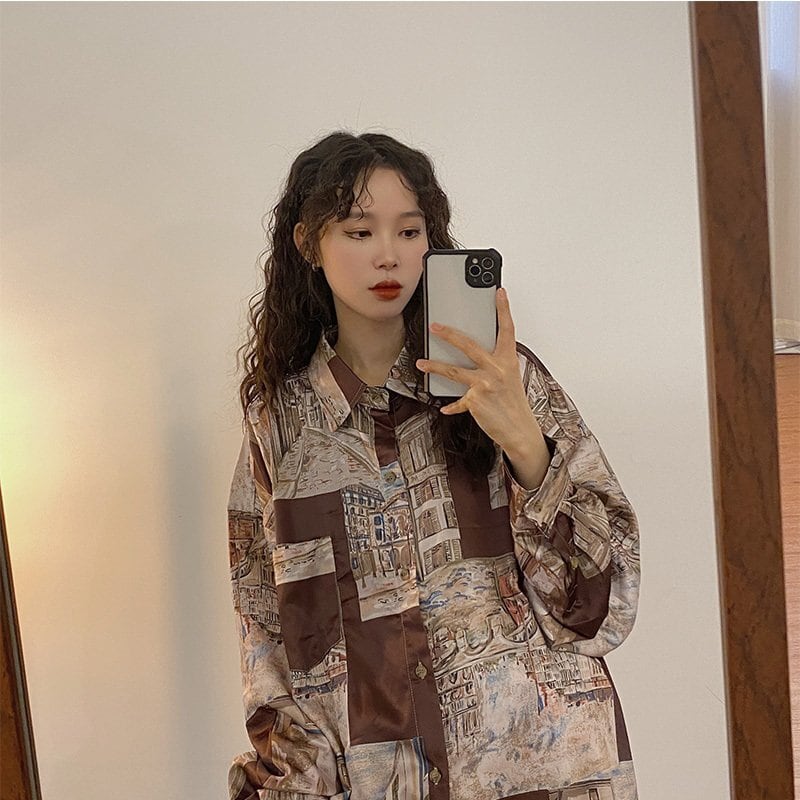 [YOUZI Series]★Shirt★ Tops Oil Painting Style Thin Spring/Summer Loose Retro Print Long Sleeve Shirt S M L XL 2XL