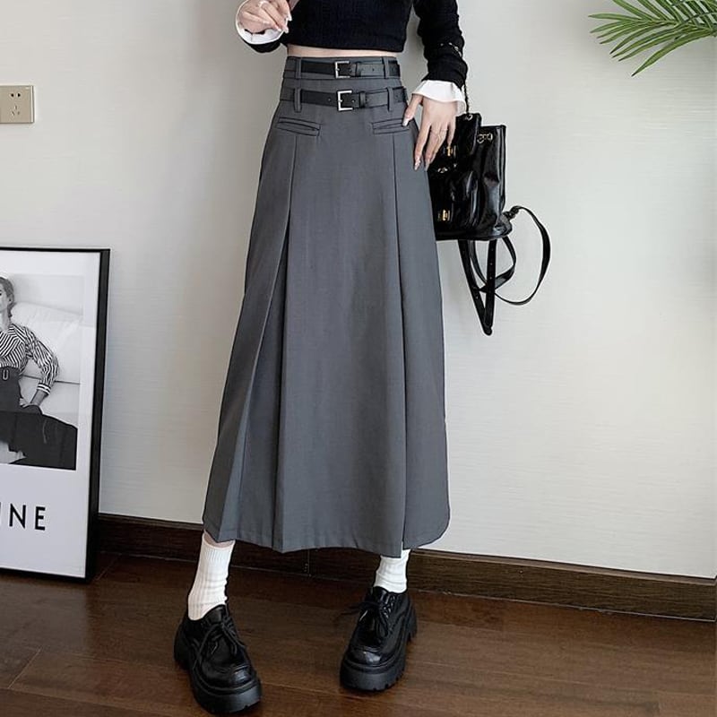 [Oya series] ★Skirt with belt★ 2color Good slimming effect Bottoms Plain Simple Gray Black